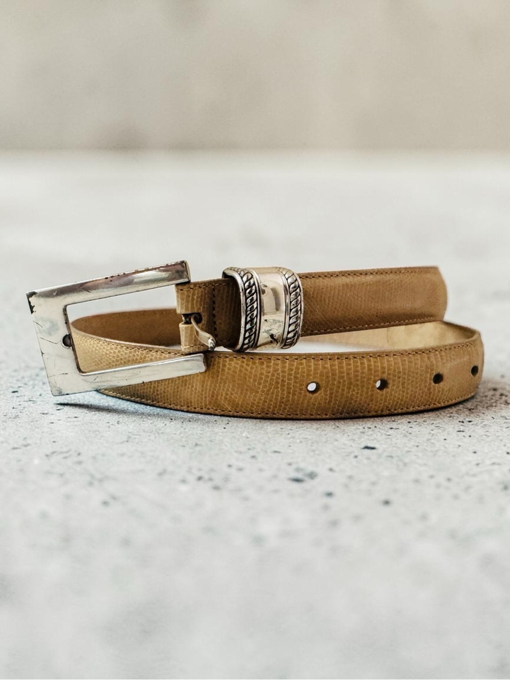 Brighton Vintage Croc Lizard PrintTan Leather Belt Ornate Square Buckle Size 30